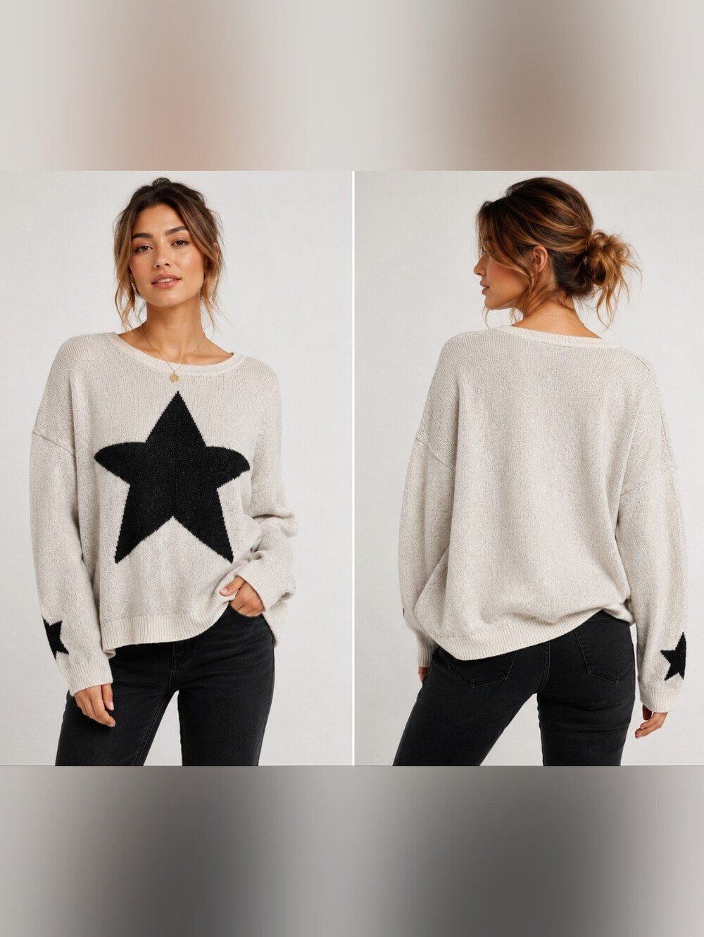 Source Unknown Off-the-Shoulder Star Sweater - Light Gray/Black